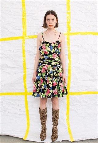 VINTAGE BLACK FLORAL MIDI SUMMER STRAP DRESS