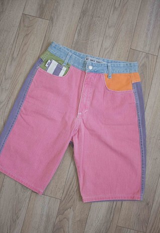 VINTAGE COLOR BLOCK DENIM SHORTS LOGO 90S 28 13.8