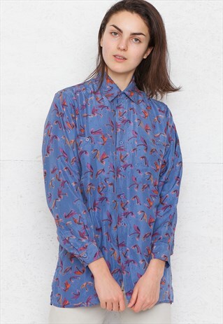 VINTAGE BLUE LONG SLEEVE SILK SHIRT