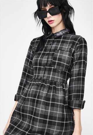 'INTERNAL' EMBROIDERY DETAIL WOVEN GREY PLAID SHIRT DRESS