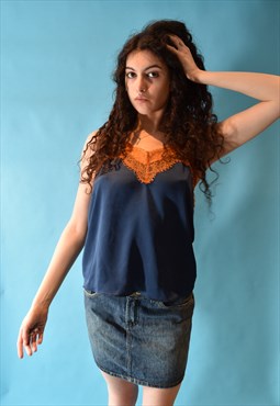 Vintage Y2K Size S/M Satin Cami Lace Top in Blue and Orange.