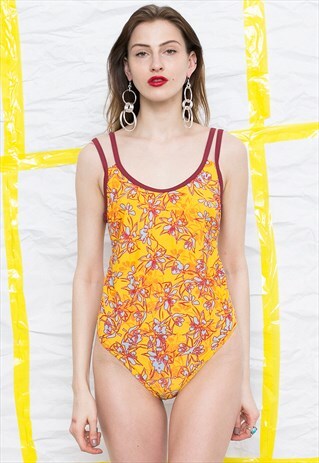VINTAGE 80S ORANGE FLORAL ONE PIECE HIGH LEG SWIMSUIT