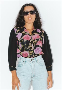 Vintage Glittering Printed Shirt Patterned Floral Blouse