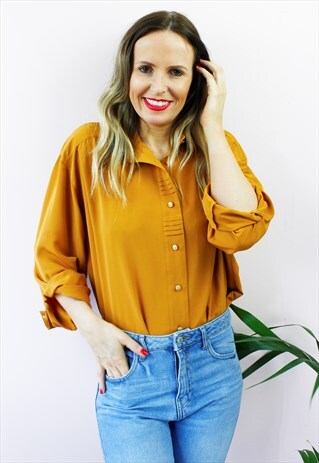 VINTAGE 80'S RETRO MUSTARD GOLD BUTTON SHIRT BLOUSE