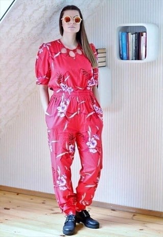 Red floral long jumpsuit all in one