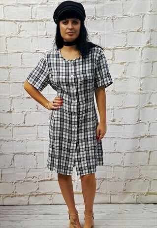 VINTAGE NAVY AND WHITE CHECKED SHORT SLEEVED DRESS