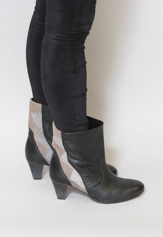 VINTAGE 1980'S BROWN LEATHER SUEDE INSET ANKLE BOOTS
