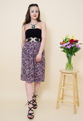 80S VINTAGE JAZZY PRINT BUTTON DOWN MIDI SKIRT IN PURPLE