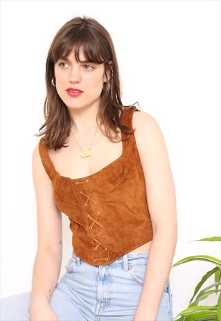 VINTAGE 70S BROWN SUEDE LEATHER FESTIVAL CROP TOP