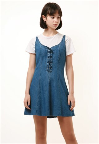 90S VINTAGE DENIM SHORT SLEEVELESS GRUNGE MINI DRESS 976