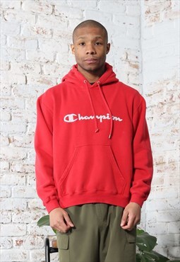 Vintage Champion Spellout Logo Basic Hoodie Red