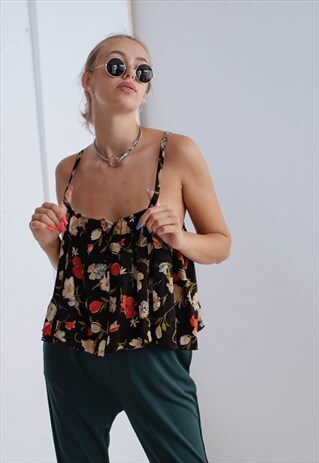 VINTAGE REWORKED STRAPPY RUCHED FLORAL CROP TOP IN BLACK S/M