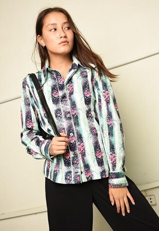 VINTAGE 70S RETRO MOD FLORAL PRINT SHIRT TOP