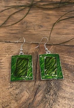 80's Vintage Green Enamel Ladies Abstract Earrings Jewellery