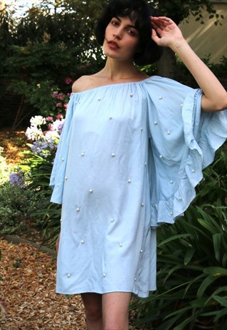 PEARL EMBELLISHED FRILL OVERSIZED SLEEVES DRESS HOLIDAY WEAR