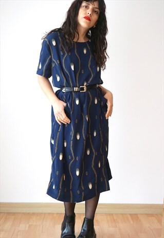 VINTAGE SHORT SLEEVE PATTERNED BLUE DRESS