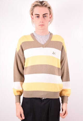 PUMA MENS VINTAGE JUMPER SWEATER SMALL MULTI STRIPES 90S