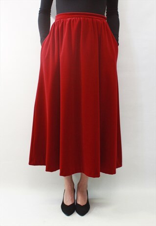 VINTAGE 80' AMAZING BEAUTIFUL VELOUR RED MIDI SKIRT