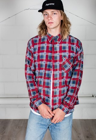 VINTAGE RED NAVY CHECKED FLANNEL SHIRT