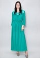 70'S VINTAGE LADIES DRESS LONG SLEEVE PLEATED GREEN MAXI