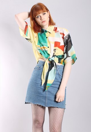 VINTAGE 80S ABSTRACT SHEER CROPPED TIE UP SHIRT