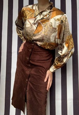 Vintage 80s satin blouse, animal print, gold, UK16 plus size
