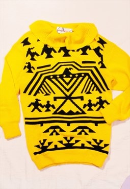 Vintage Jumper 90s Long Knitted Sweater in Yellow Aztec