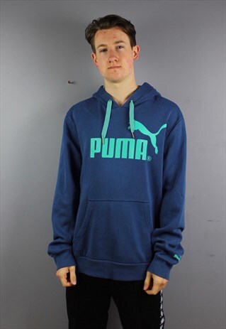 VINTAGE PUMA HOODIE IN BLUE WITH PRINTED LOGO AND POUCH POCK