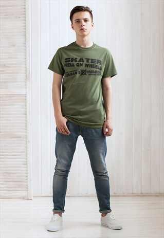 HELL ON WHEELS SKATER STREETWEAR T SHIRT TOP KHAKI URBAN RAD