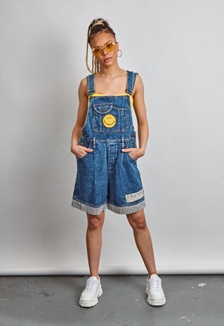 VINTAGE 90'S BLUE DARK WASH DUNGAREE SHORTS