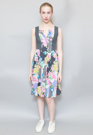 VINTAGE 1990'S PRETTY NAVY BLUE SPOTTED FLORAL MIDI DRESS
