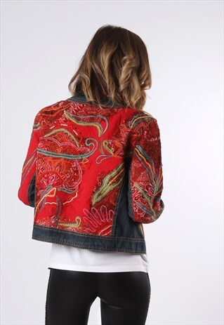 DENIM JACKET EMBROIDERED PATTERNED PAISLEY UK 10 (D3B)