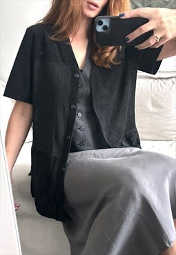 90s Black Buttoned Long Shirt Jacket - Large 