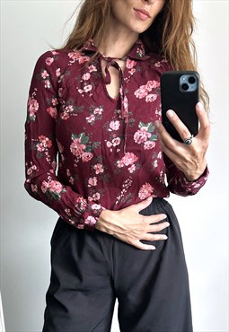 Burgundy Floral 90s Aesthetic Top / Blouse 