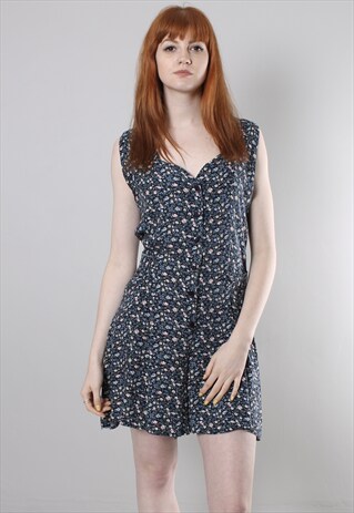VINTAGE 80S BLUE FLORAL PATTERNED TIE BACK CULOTTE PLAYSUIT