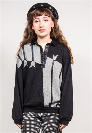 VINTAGE 90'S BLACK & GREY COLLAR QUARTER FASTEN JUMPER