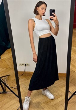 Black Pleated Midi Skirt, Elastic High Waist Maxi Skirt 