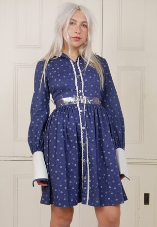 70S MIDI COTTON DRESS FLORAL LONG SLEEVED