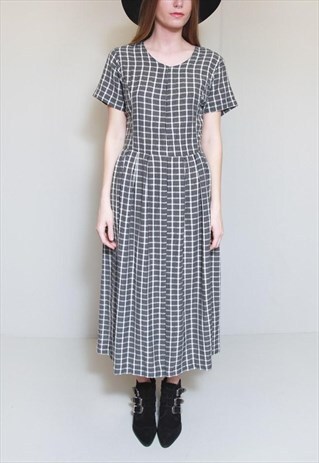 VINTAGE 1990'S BLACK & WHITE CHECK PRINT MIDI DRESS
