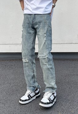 Blue Washed Distressed Denim jeans pants trousers
