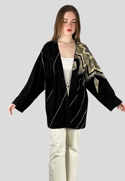 80's Black Suede Oversize Sequin Applique Leather Jacket