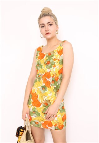 VINTAGE 70S YELLOW ORANGE FLORAL MINI DRESS