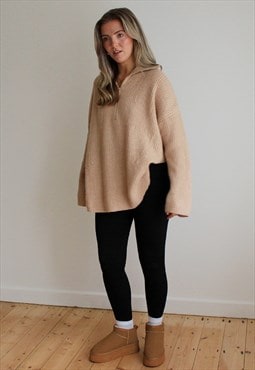 Oversized Zip Knitted Jumper in Camel