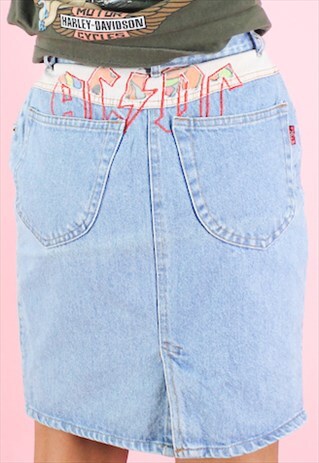 VINTAGE 90 DENIM SKIRT ACDC MINI PENCIL Y2K EMBROIDERY