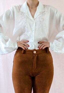 Vintage Blouse Embroidery Lace White L B809