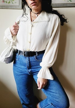 70s retro cream white balloon sleeve minimalist blouse top