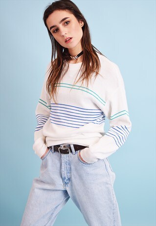 CUTE 70'S RETRO NEUTRAL STRIPED KNITTED JUMPER TOP