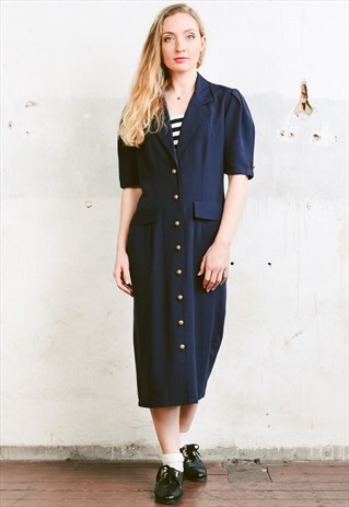 VINTAGE 80S NAUTICAL GOLD BUTTON MIDI DRESS