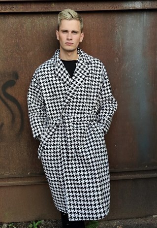 DOG-TOOTH LONG LENGTH TRENCH COAT HOUNDS-TOOTH MAC IN WHITE