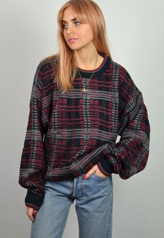VINTAGE BURGUNDY BLACK & GREY CHECK KNITTED GRANDAD JUMPER